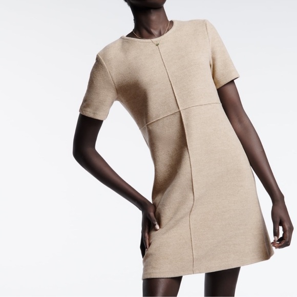 Zara Camel Mod Mini Dress Large Neutral Beige Shift Short Sleeve Retro Blogger - Picture 4 of 5